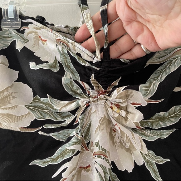 Hawaiian floral Asymmetrical halter top dress roughed back adjustable neck tie - Picture 2 of 10